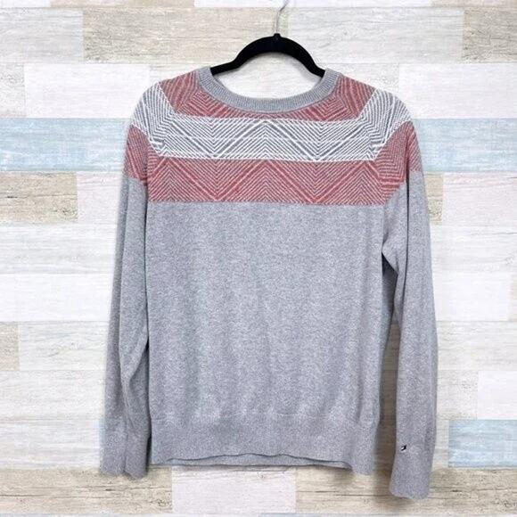 Tommy Hilfiger Linen Blend Chevron Sweater Gray Red Casual Mens Medium - Picture 2 of 6